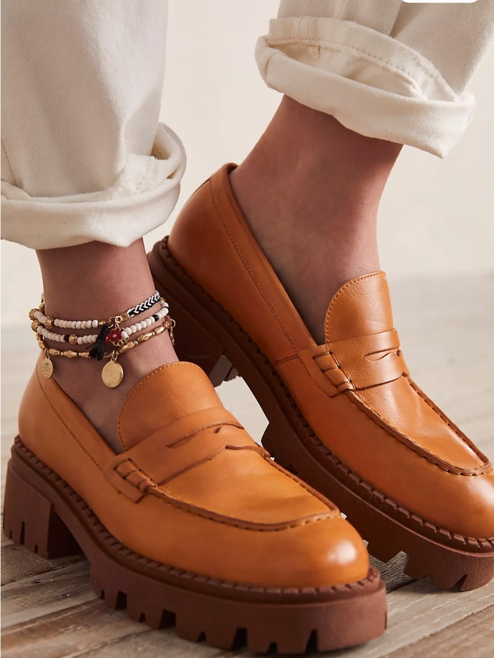 Free People SIZE 38 Lyra Heeled Lug Sole Leather Loafers in brown